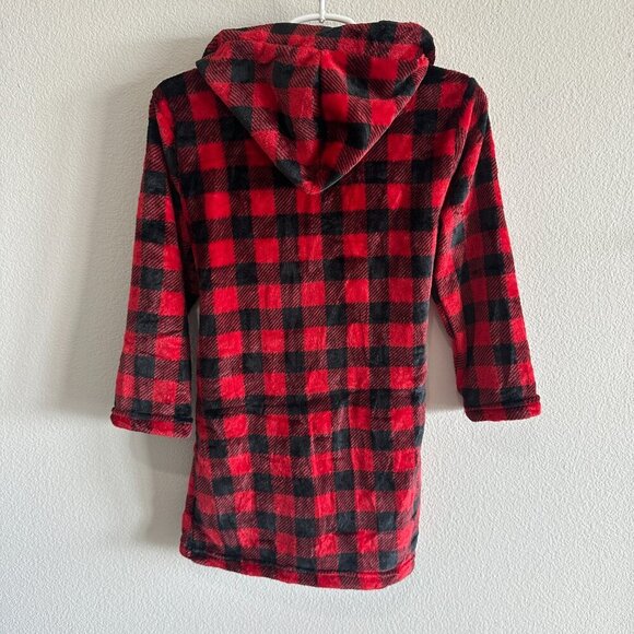 Red & Black Check Super Soft Fleece Hooded Kids Bathrobe w/ Tie Waist - Picture 3 of 5